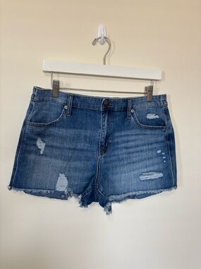 aerie Distressed Elastic Waistband Medium Blue Denim Cutoff Shorts